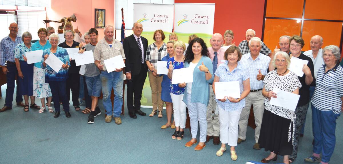 Cowra Mayor, Councillor Bill West, Deputy Mayor, Cr Judi Smith, Cr Michael Nobes, Cr Ray Walsh, and Cowra Community Grant recipients at Council’s special morning tea.