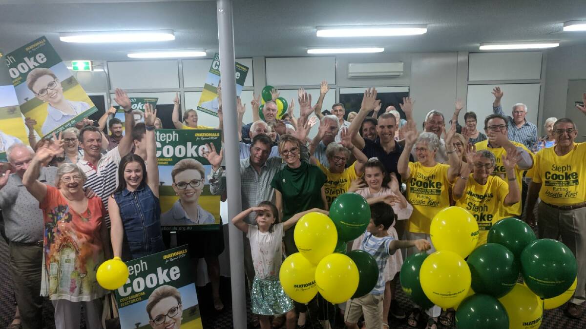 Member for Cootamundra Steph Cooke celebrates retaining the seat at the 2019 NSW Election, with enthusiastic support from her team of well-wishers.
