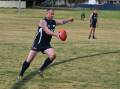 Blair Holgate going for goal for the Cowra Blues in the side's win over Bathurst Rebels on Saturday.