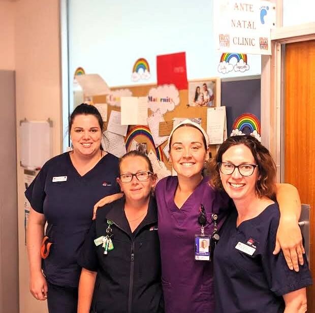 Beth Webster, student midwife Megan Gumbleton, Peta Sharkey, and Melissa Ousby at the Cowra Maternity unit. Photo Daniel Ryan