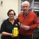 President of Cowra Lions Graham Apthorpe and Diabetes Educator Jenny Richmond with one of 80 plus sharps containers funded by Cowra Lions Club.