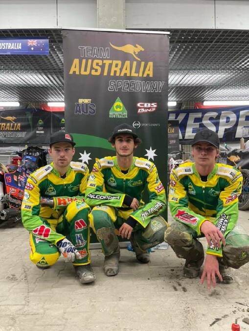 Cowra's Matthew Gilmore (right) lead Team Australia in the FIM Speedway Team Under 21 titles in Poland last Friday.