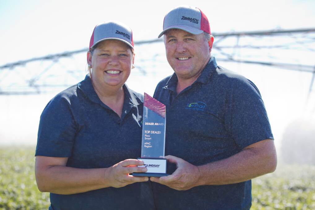 Cate and Bryce Yates proudly accepted the award for the Top Zimmatic Dealership Award for the APAC region for 2023.during the company's recent dealer convention. 