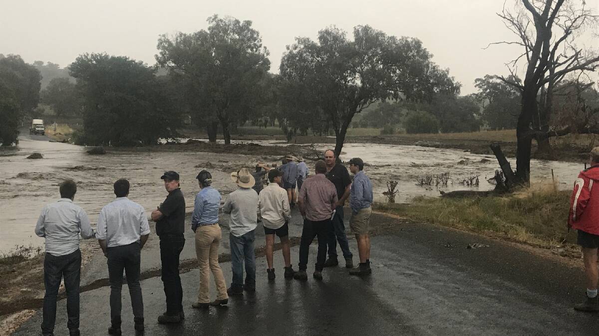 A group of wool producers are blocked from crossing a small culvert on Reids Flat Road near Cowra by the storm last Friday, January 11. Landholders lacking groundcover could not prevent soil loss from last Friday's deluge.