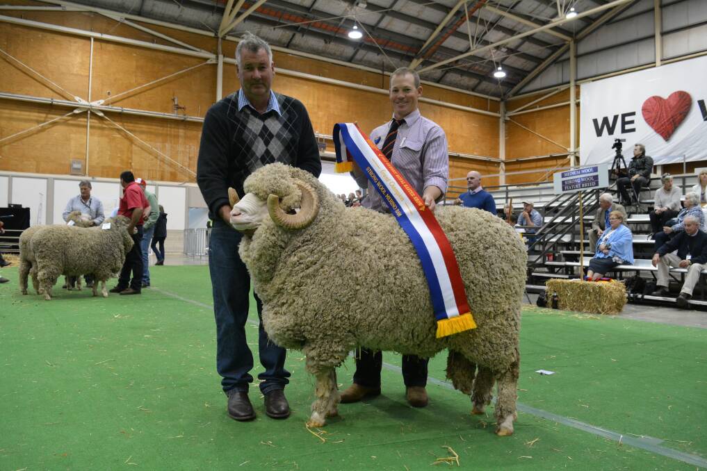 Richard Chalker with his grand champion strong wool ram being sashed by judge Tim Dalla of Collinsville stud, Hallett, South Australia.