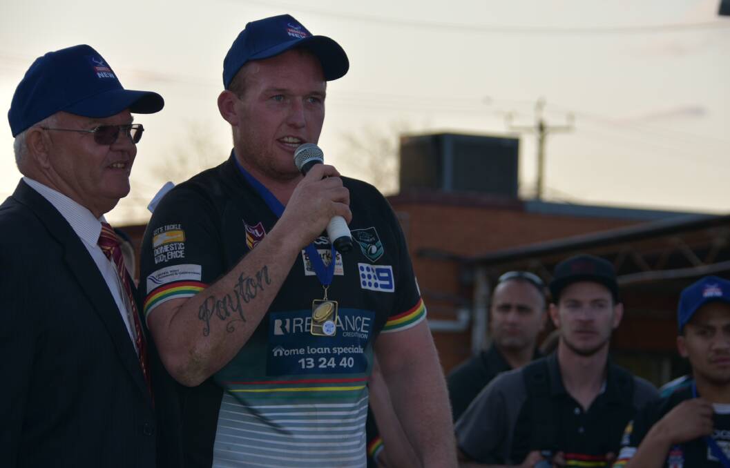 THE MVP: Brent Seager makes a short, emotional speech after being the Dave Scott Medal winner on Sunday. Photo: PETER GUTHRIE