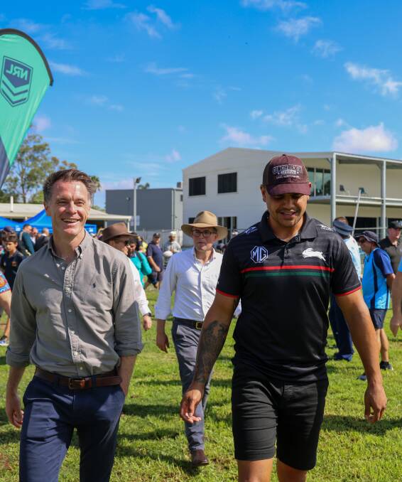Premier Chris Minns chats with Bunnies great Latrell Mitchell about the Pathfinder Project in Moree on Wednesday. Picture supplied. 
