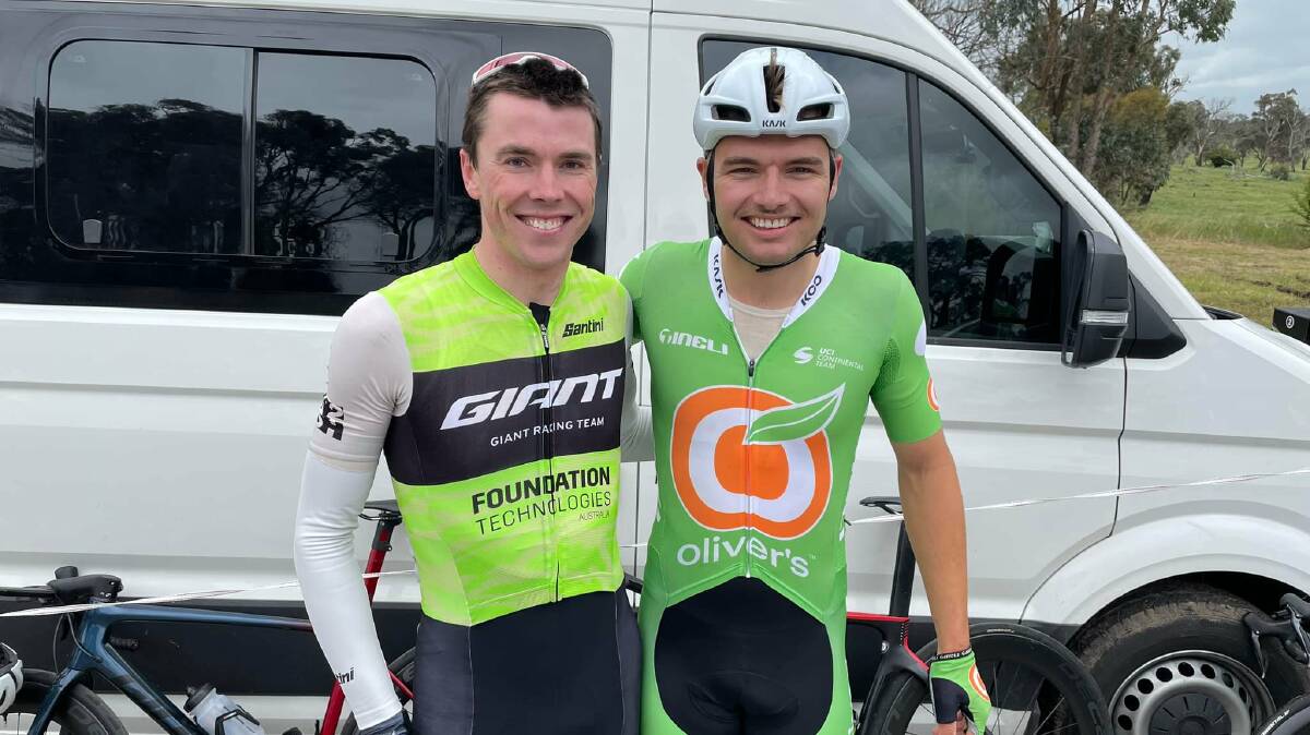 BACK FOR MORE: Will Hodges with Tom Bolton following Sunday's AusCycling NSW Road Championships. Hodges will stay with Giant Racing in 2022.
