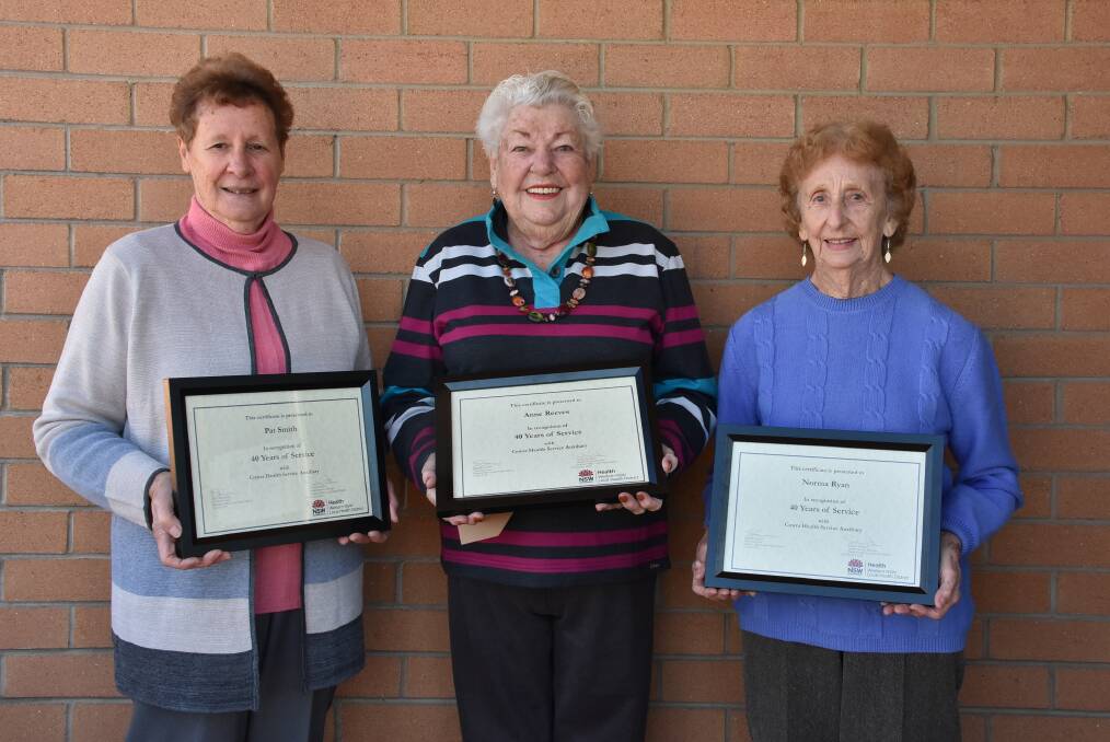 Cowra Hospital Auxiliary members Pat Smith (President), Anne Reeves and Norma Ryan. Absent - Terry Smith. 