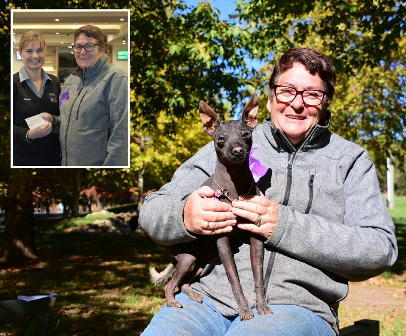 Deb Neumann with her Xoloitzcuintle, or Mexican Hairless Dog, Stark. Inset: Sharlene McLeish from Cowra Services Club presents Mrs Neumann with a donation