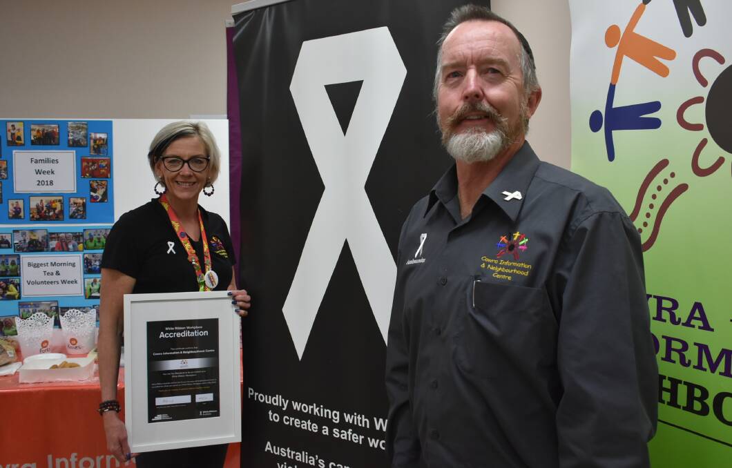 Cowra Information and Neighbourhood Centre CEO, Fran Stead with White Ribbon Ambassador Danny Jackett. 