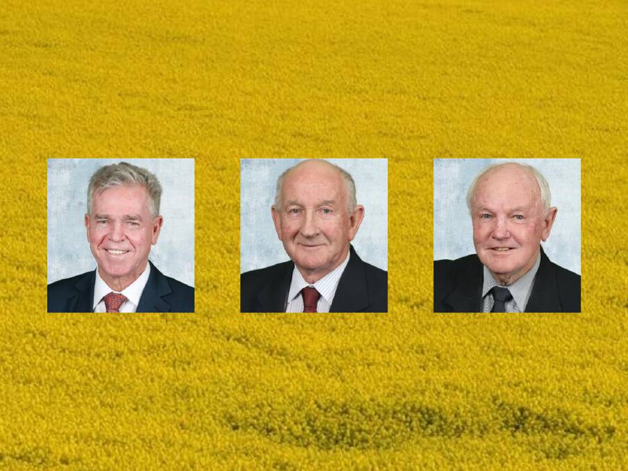 Councillors Bruce Miller, Ray Walsh and Kevin Wright will not be contesting the local government election. Photos: Cowra Council 