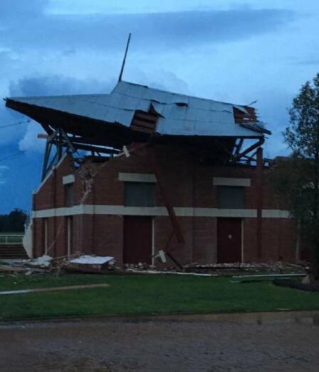 The remains of the roof of the grand stand at the Parkes Racecourse. The flash storm resulted in power outages and extensive damage to homes and businesses across Cowra and the Central West. Photo - Parkes Champion Post. 