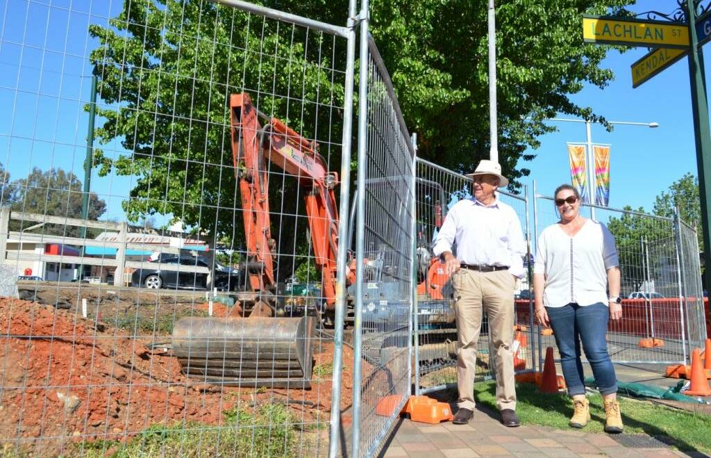 Cowra Mayor, Cr Bill West and Director of Environmental Services, Kate Alberry inspecting the first stage of construction of the CBD Footpath Refurbishment Project in October last year. Please note this photo was taken prior to COVID-19 restrictions.