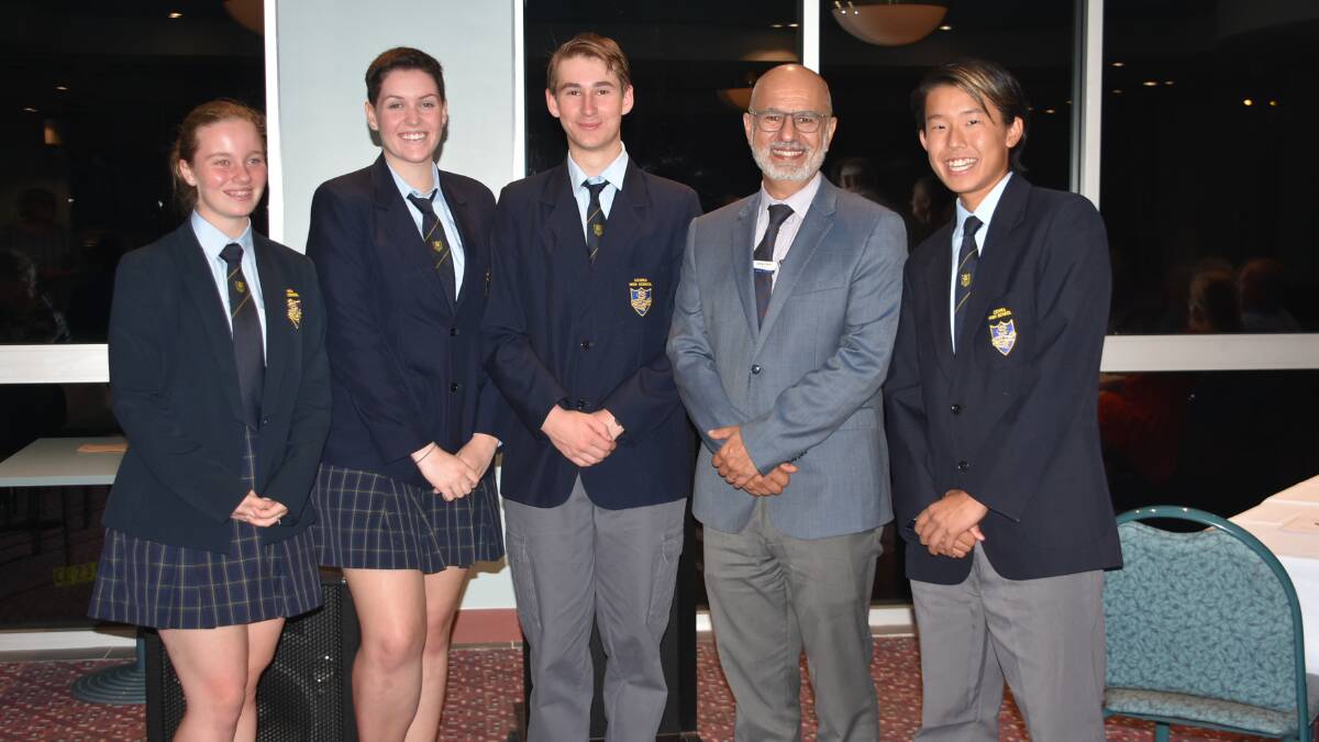 From left - Sarah Wood, 2019 Lions Youth of the Year recipient Maegan Carroll, Sean Smith, Cowra High School Principal Charles Gauci and Ryunosuke Akima. 