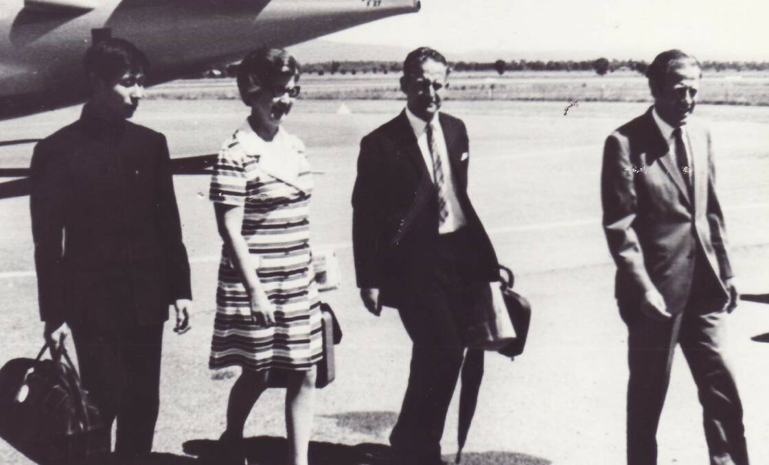 The first exchange student Keiji Takazawa arriving at Cowra airport in 1970 with Mrs Lal Oliver, Cowra High principal Tom Plummer and Ab Oliver.