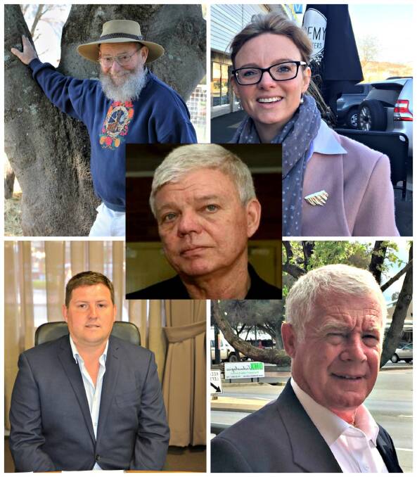 Candidates: Jeff Passlow (top left), Steph Cooke (top right), Matt Stadtmiller (bottom left) Charlie Sheahan (bottom right) Jim Saleam (middle). Not pictured: Philip Langfield. 