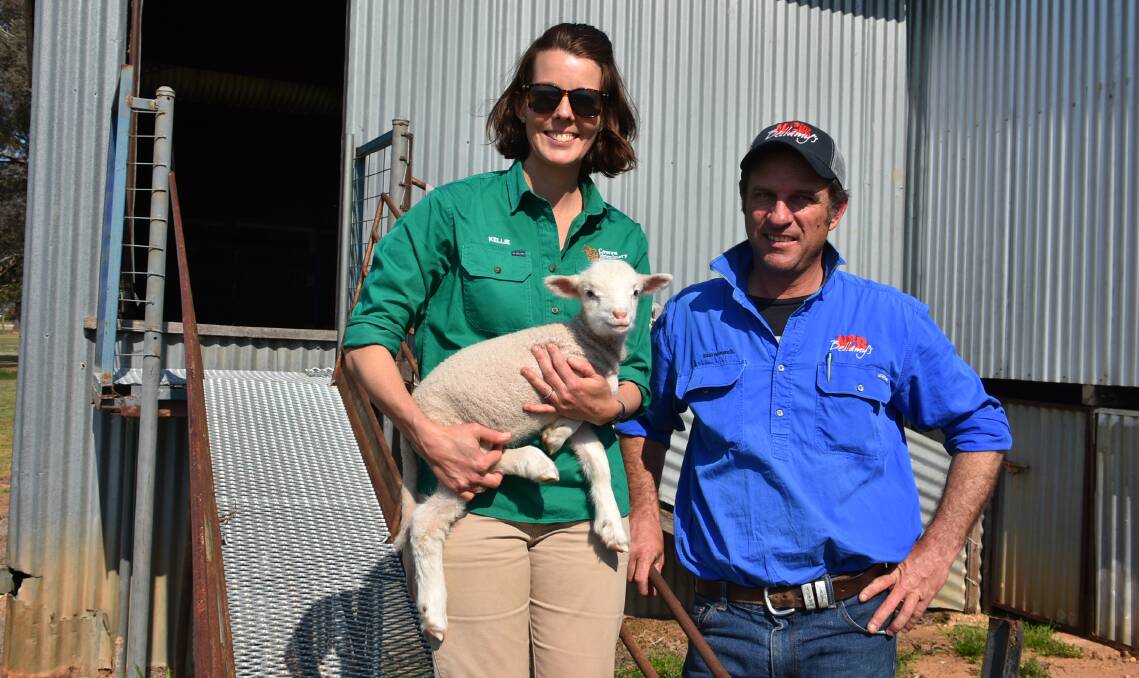 Cowra Show Sports Shear Steward Kellie Seres with Damien Stephenson from the competition's major sponsor, NC Bellamy and Grace the lamb. 