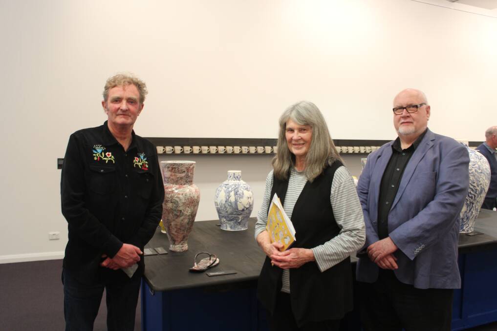 Artist Gerry Wedd, Grace Cochrane AM and Cowra Regional Art Gallery Director Brian Langer at the exhibition opening on Saturday. 