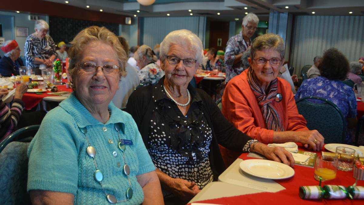 Dorothy Dale, Gwen Downes and Helen Thompson at last year's Probus Christmas luncheon. 