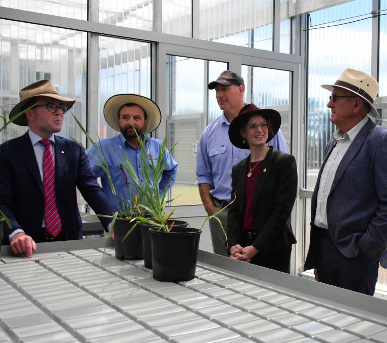 Minister of Agriculture, Adam Marshall, DPI researcher Matthew Newell, Institute Director Gordon Refshauge, Member for Cootamundra Steph Cooke and Cowra Mayor, Councillor Bill West. 