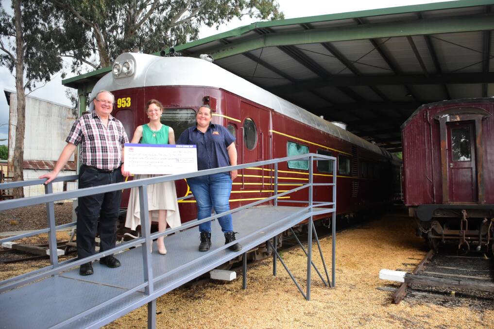 Lachlan Valley Railway Society Stephen Palmer, Member for Cootamundra, Steph Cooke and Director and Deputy Chair of LVR Cass Mendham. 