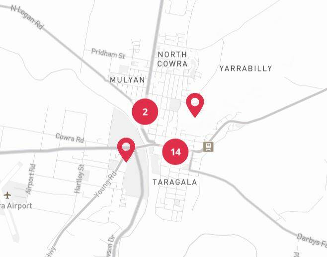 Exposure site locations in Cowra. Photo: NSW Health