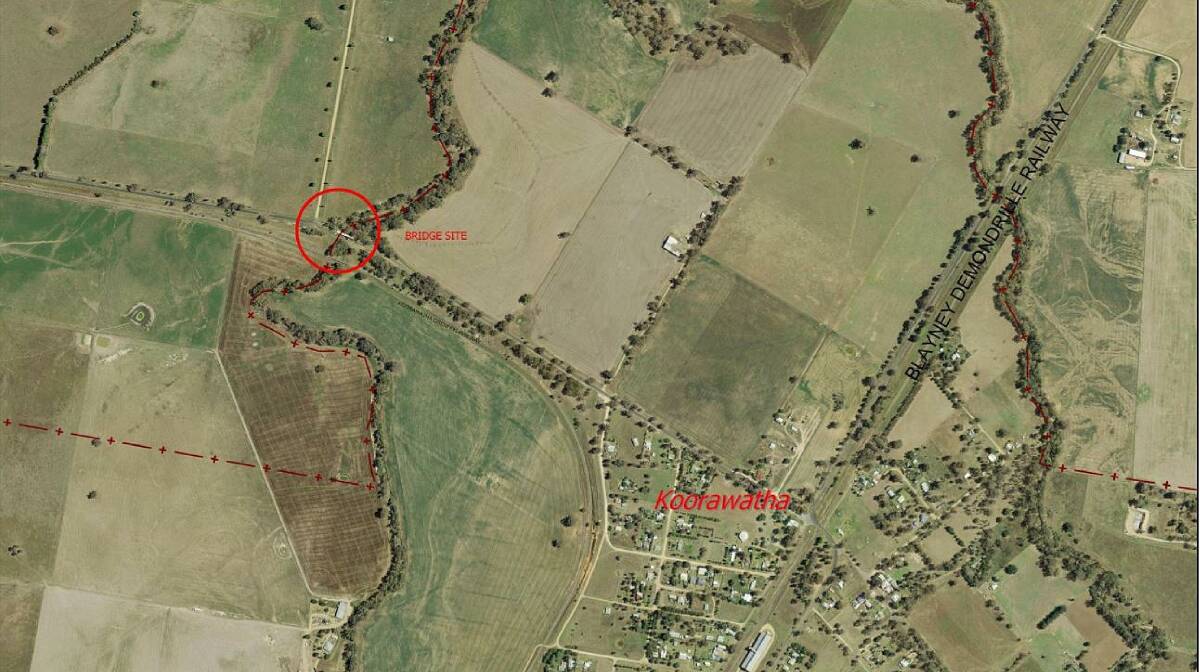 The red circle shows the location of the bridge outside of Koorawatha. 