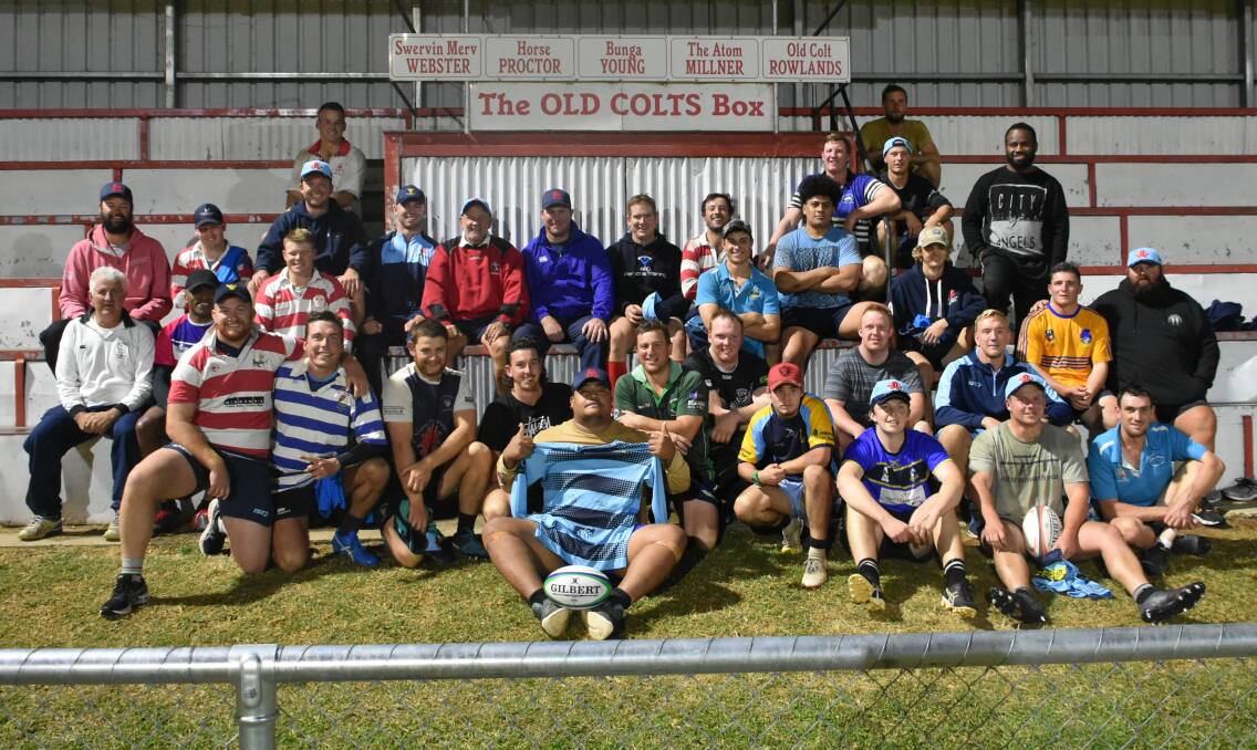 Waratahs players Harry Johnson-Holmes, Hugh Sinclair and Max Douglas joined the Cowra Eagles for a training session on Tuesday night. Photo: Kelsey Sutor 