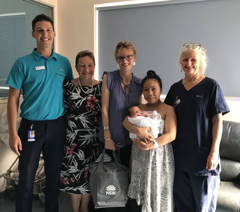 Jack Baker, Dr Louise Baker, Member for Cootamundra Steph Cooke, new mum Maryann, baby Pamela and midwife Helen Isaaksen at Cowra Hospital.