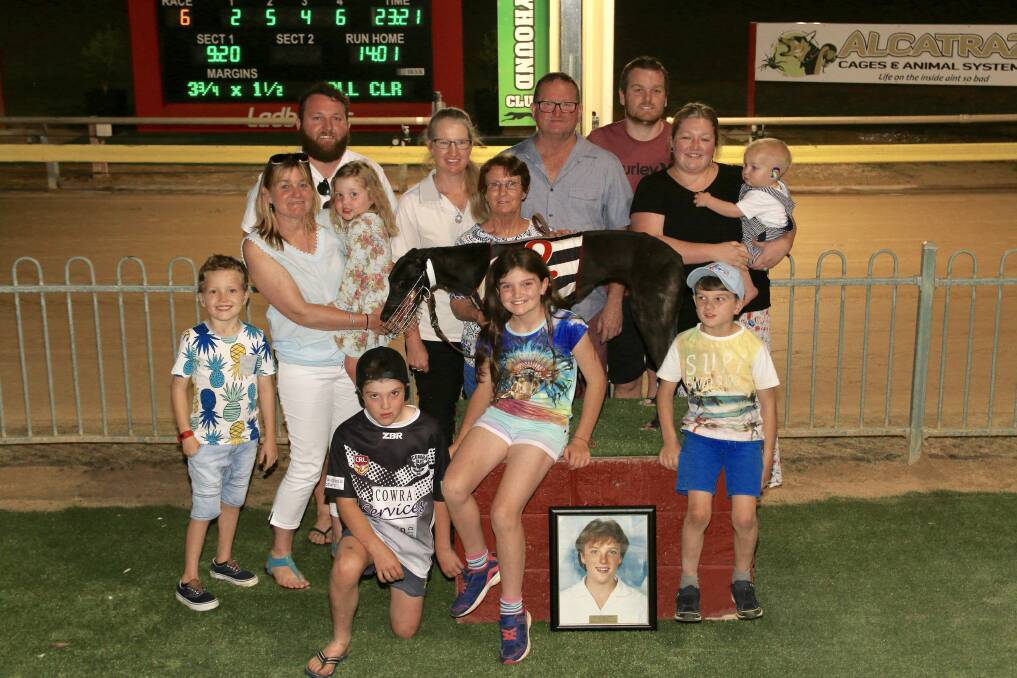 WINNING FEELING: Trainer Pamela Braddon and Little Trojan (centre) with members of both the Leonard and Braddon family at Dawson Park. Photo: COFFEE PHOTOGRAPHY