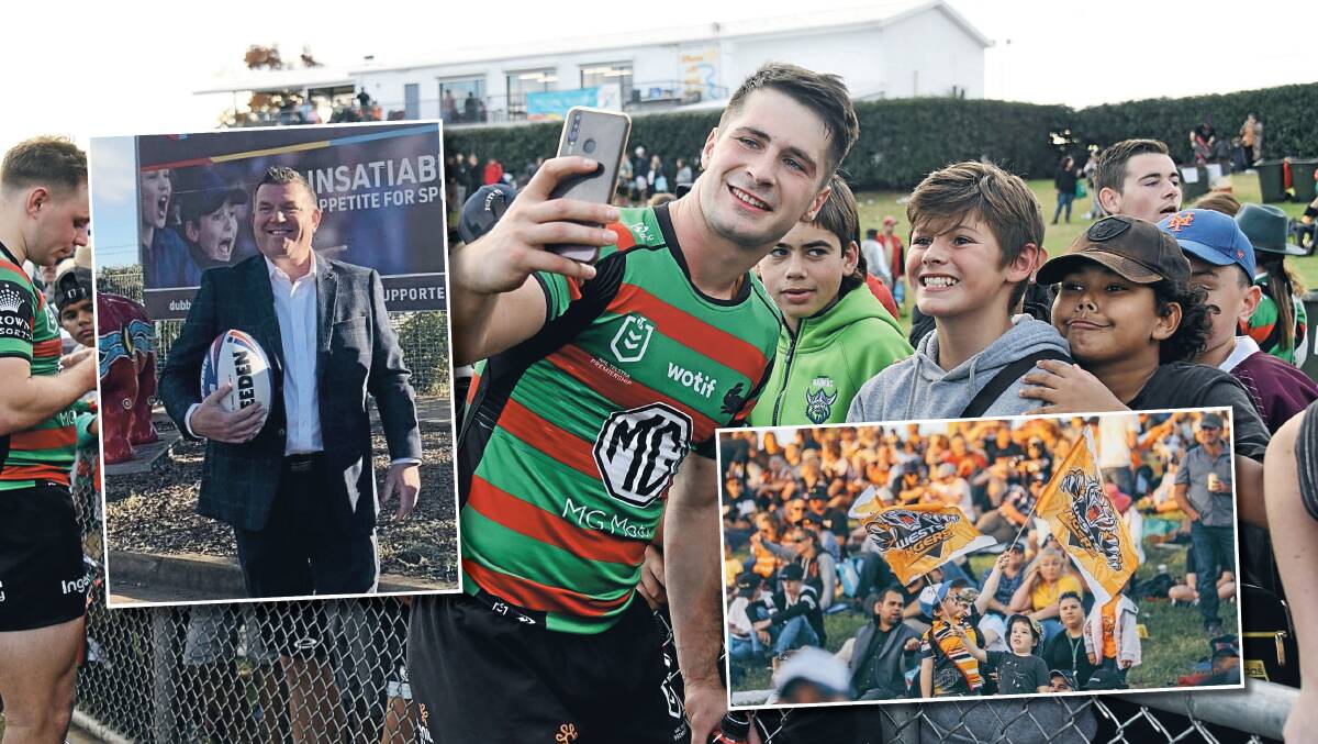 Lachlan Ilias spends time with young fans at Dubbo recently while (insets) NRL Regional Taskforce chair Dugald Saunders wants to see more scenes like those when the Wests Tigers visit Tamworth.