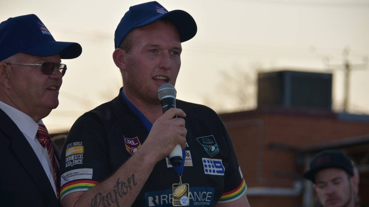 Brent Seager speaks after receiving the Dave Scott Medal for player of the match in the Group 10 premier league decider on Sunday.
