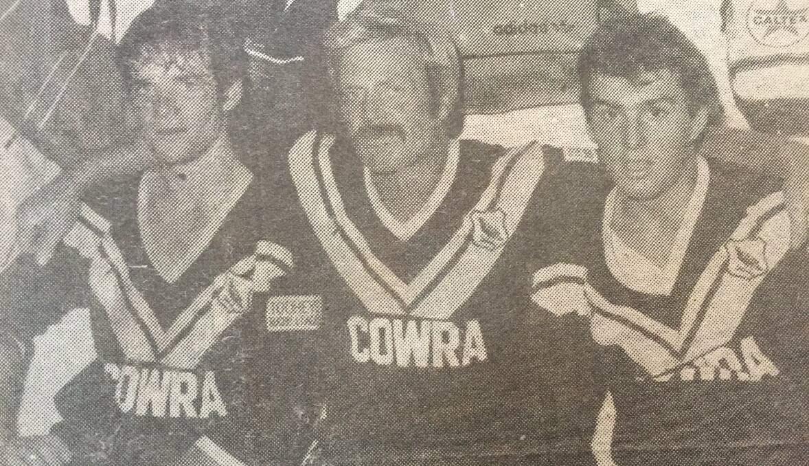 In 1981 Barry Bryant (centre) played his first game of rugby league in three years for the Cowra Magpies reserve grade side steering them to a 22-12 win over Bathurst St Pat's. He's pictured with Andrew Lunn (left) and Ray Jones .