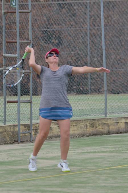 Pauline Downes in action at the Over 35s tennis championships contested during June at the Cowra Tennis Club.