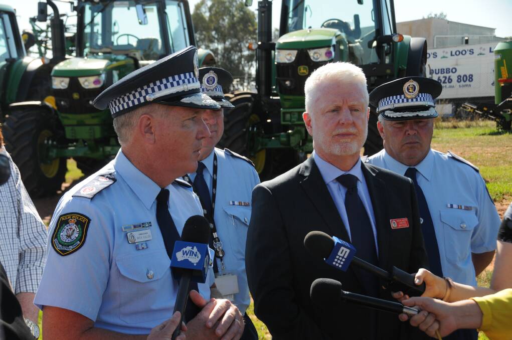 Commissioner Mick Fuller and Detective Inspector Cameron Whiteside address the media after Inspector Whiteside was announced as the co-ordinator of the new Rural Crime Prevention Teams. Photo: PAIGE WILLIAMS