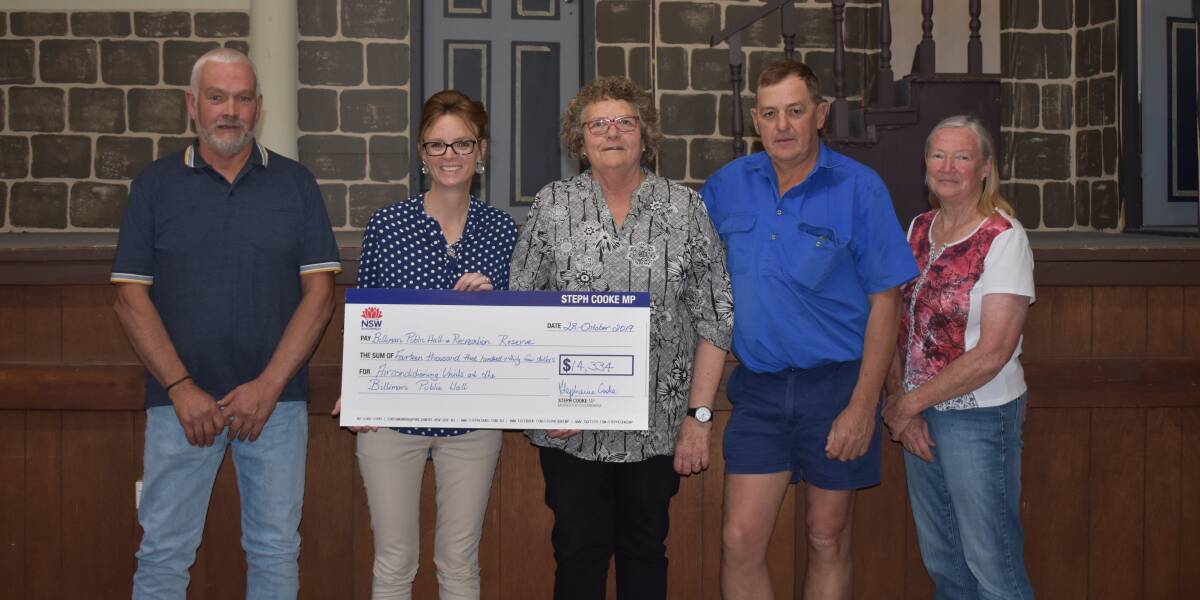 Member for Cootamundra Steph Cooke with Roger Smith, Cathy Smith, Garry Amos and Marilyn Lech of the Billimari Hall Committee.