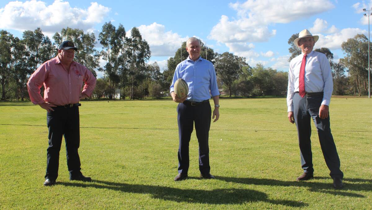 Eagles President Ian Robertson, Deputy Prime Minister Michael McCormack and Mayor Bill West at the rugby ground announcement.