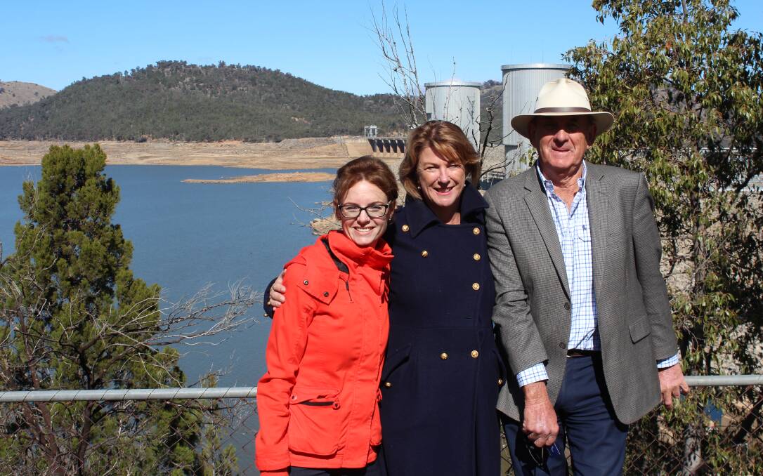 Member for Cootamundra Steph Cooke, Minister for Water, Property and Housing Melinda Pavey and Cowra Shire Mayor Bill West at Wyangala Dam.