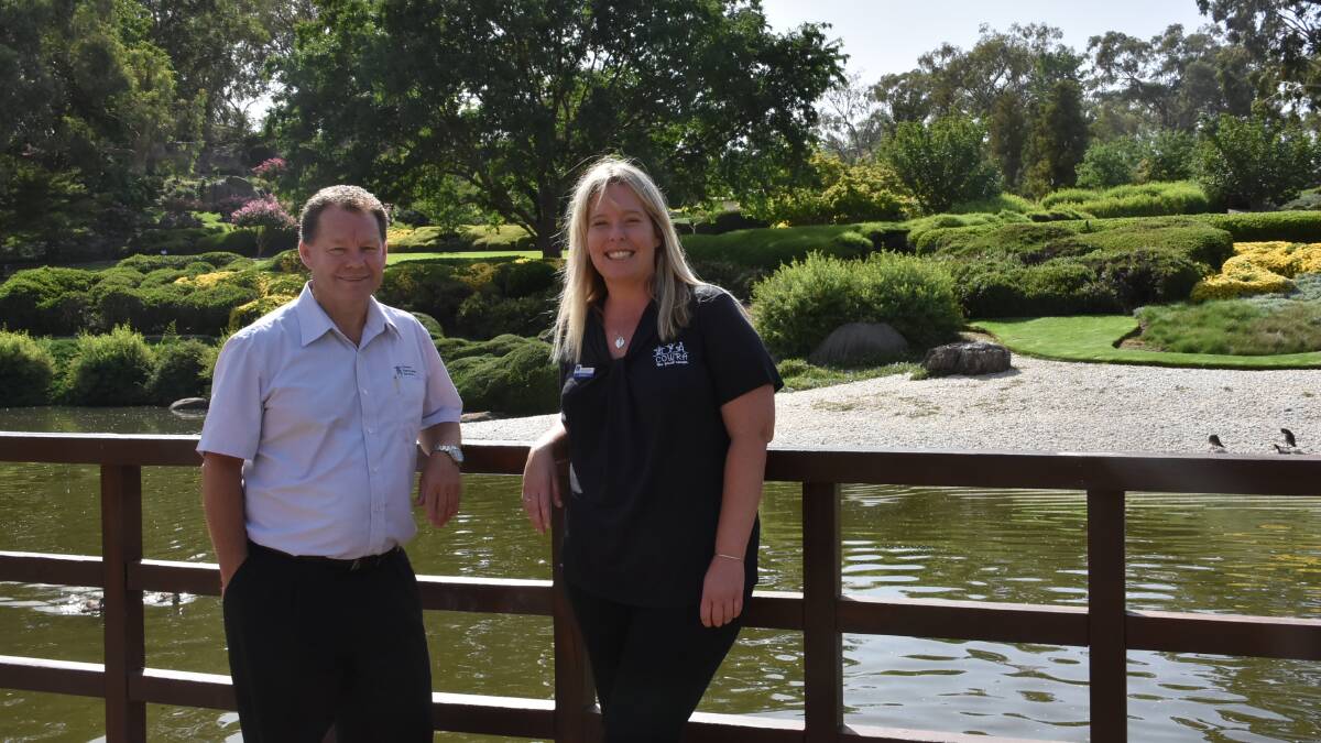 Manager of the Japanese Garden, Shane Budge and Cowra Tourism Manager, Belinda Virgo. The Japanese Garden is one of Cowra's many attractions.