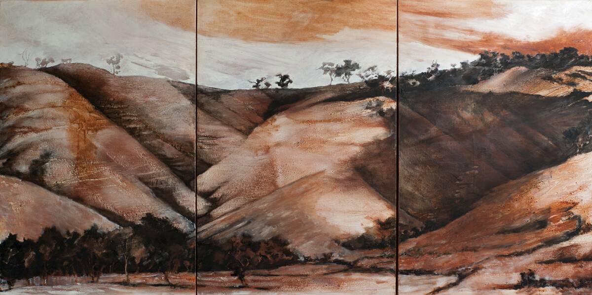 Mandy Martin, Homeground 3, 2004, Absence and Presence Series, ochre, pigment and acrylic on Arches paper 150x300x0cm.