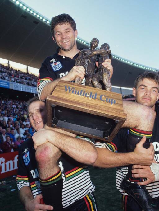 Gooloogong's Royce Simmons with the Provan-Summons Trophy (formerly the Winfield Cup) following the 1991 grand final. Photo: Penrith Panthers