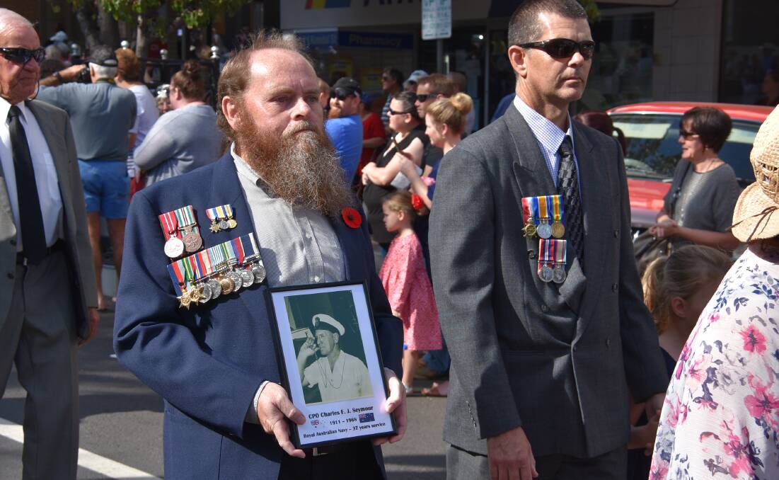 David Seymour marches in the 2018 Anzac Day march on behalf of CPO Charles F. J. Seymour who served in the Royal Australian Navy. 