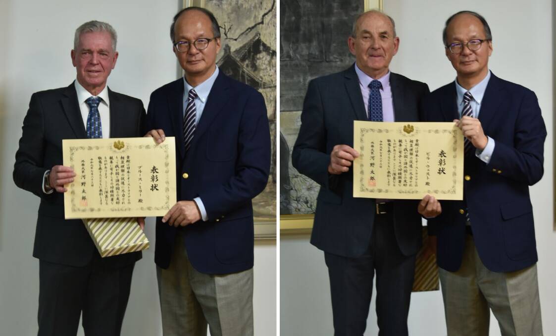 (Left) Cr Bruce Miller is presented his commendation from Ambassador Reiichiro Takahashi, (right) Cr West is presented his commendation.