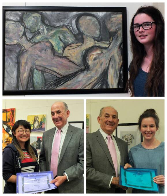 (Top) Hollie Lennane and her entry, (Bottom Left) Open Photography winner Airi Nashihara with Cr Bill West, (Bottom Right)  Highly Commended Open Drawing recipient Lily Corkhill  with Cr Bill West. 