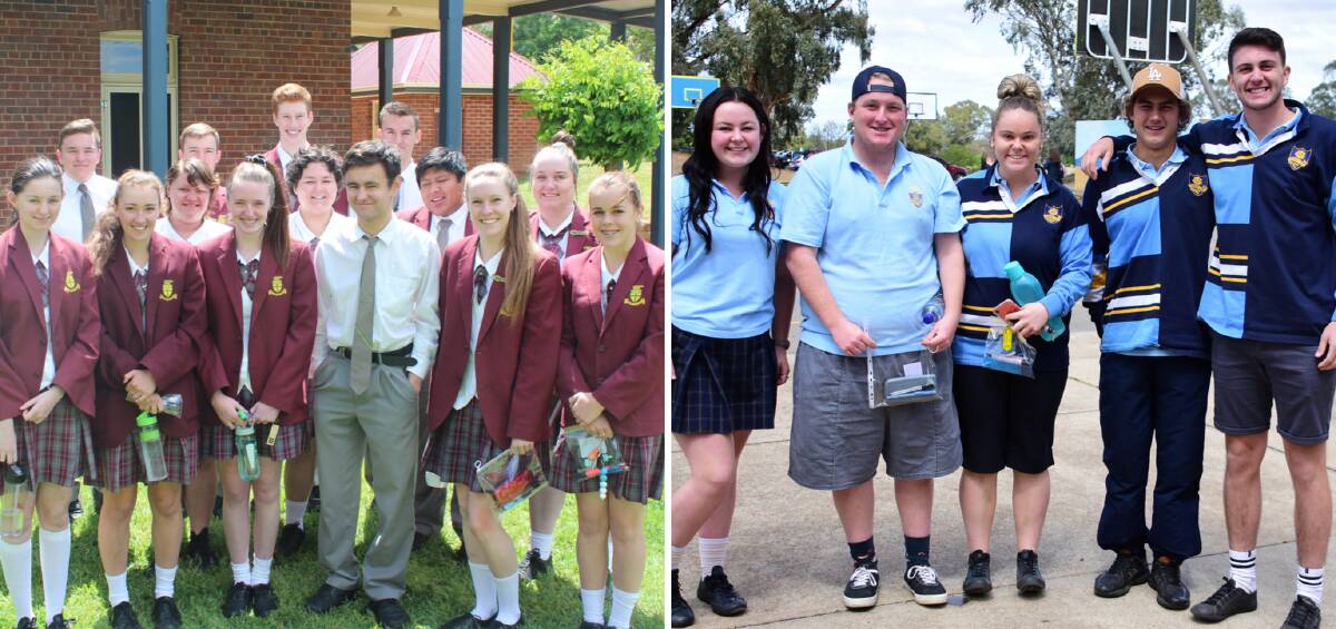 Left - St Raphael's Year 12 students. Right - Bella Russell, Drew Willis, Maddie Brooks, Sam Frazer and Noah Ryan from Cowra High School. 