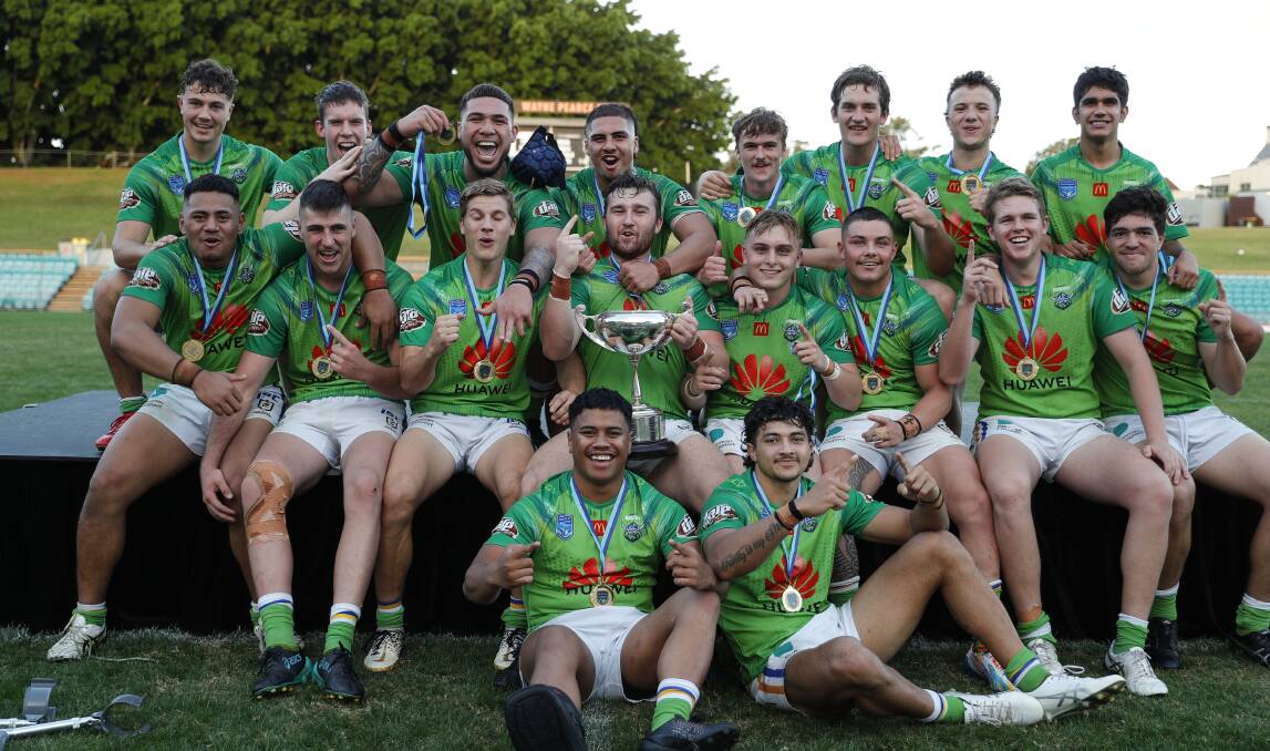 Cowra's Josh Pokoney (third from the left, middle row) helped the Raiders celebrate their third SG Ball premiership. Picture: Bryden Sharp/NSW Rugby League