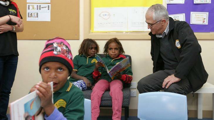Prime Minister Malcolm Turnbull speaks to students at the Yalata Anangu School in South Australia. Photo: Alex Ellinghausen