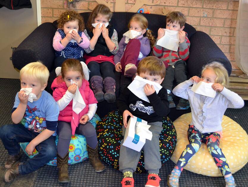 Gabby Bryant, Abigail thomas, Holly Peterson, Jack Ousby, Toby Chalker, Evie Smith, Jock Morgan and Isla Prevost.The children at Carinya will be staying healthy this cold and flu season as they have learnt good hand washing practices and about tissue use.