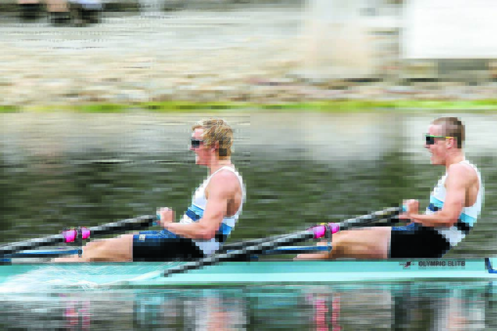 Ned Yeomans and Ben Watt power to gold in the Men's Club Double Scull at the Sydney International Regatta Centre.
